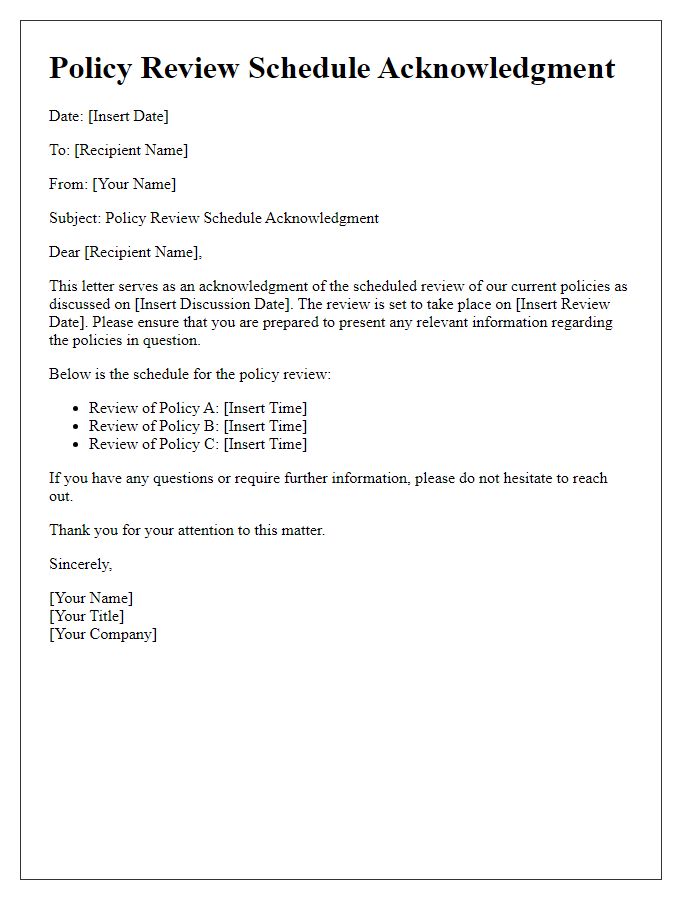 Letter template of Policy Review Schedule Acknowledgment