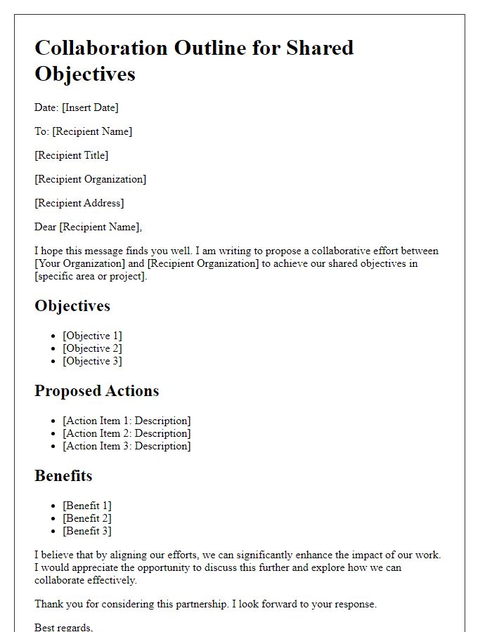 Letter template of collaboration outline for shared objectives