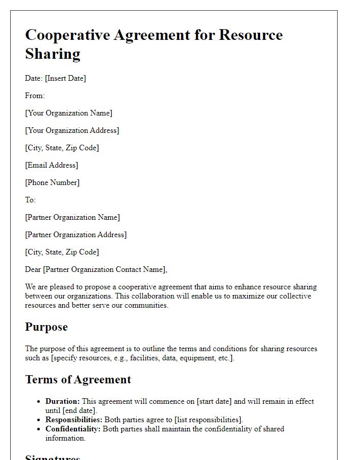 Letter template of cooperative agreement for resource sharing