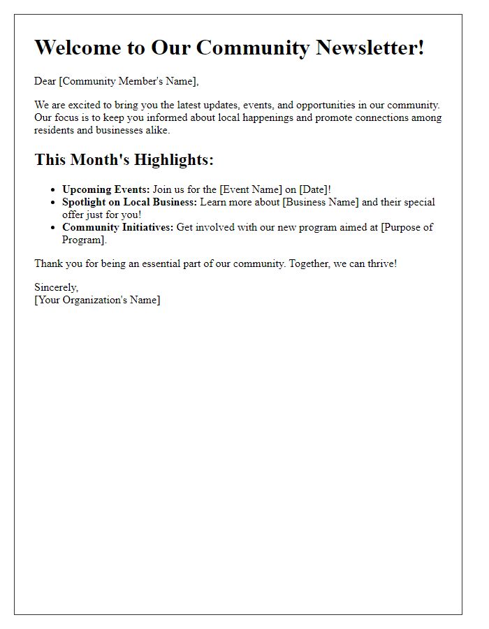 Letter template of community-focused marketing newsletter start