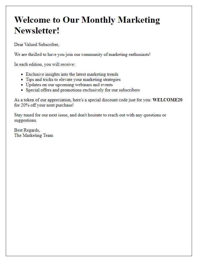 Letter template of marketing newsletter welcome message