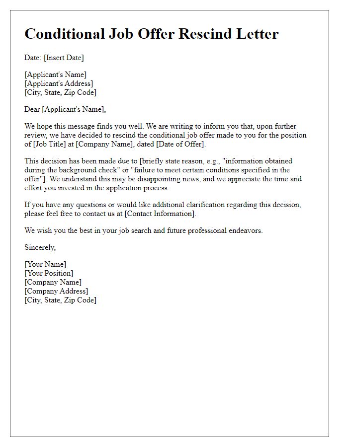 Letter template of conditional job offer rescind.