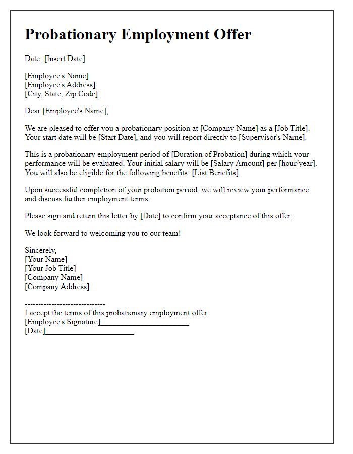 Letter template of probationary employment offer