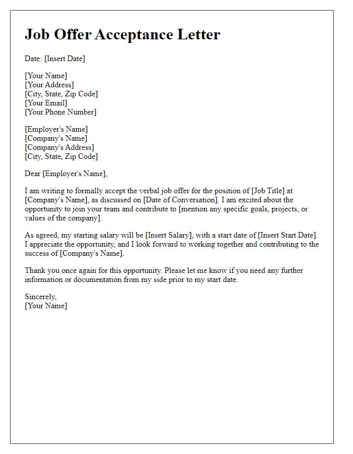 Letter template of verbal job offer acceptance