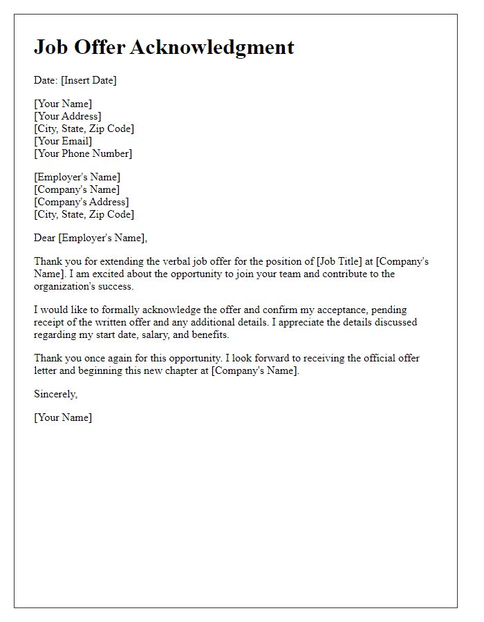 Letter template of verbal job offer acknowledgment