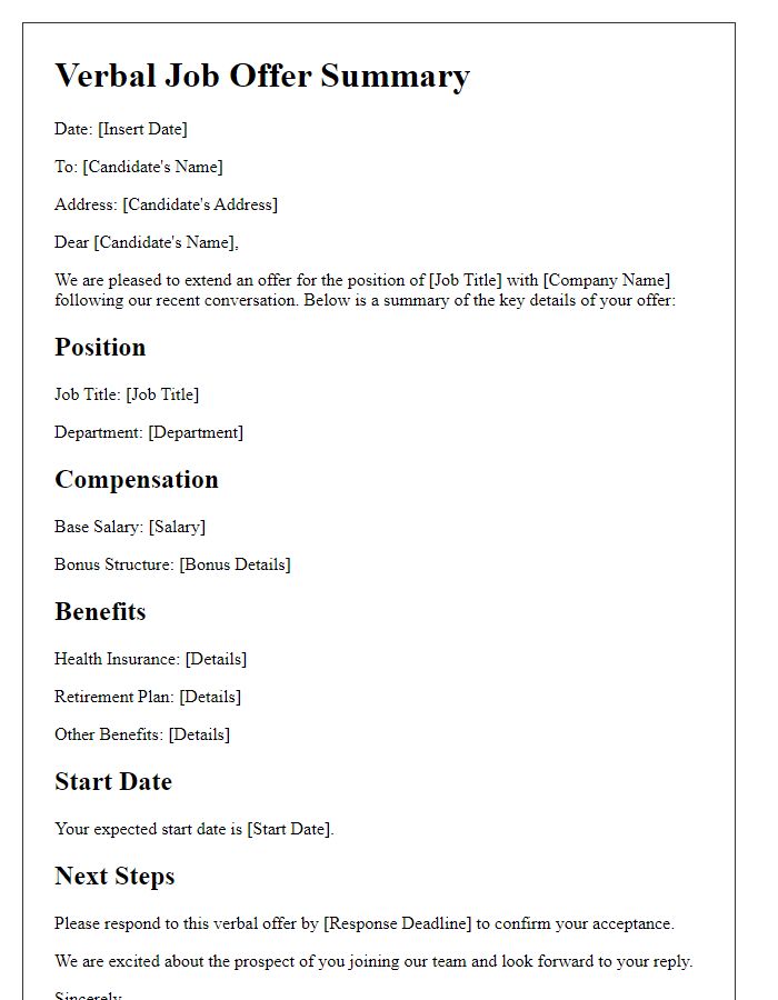 Letter template of verbal job offer summary