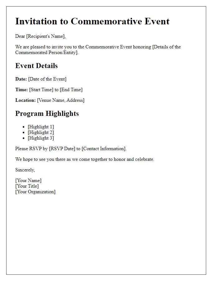 Letter template of commemorative event details