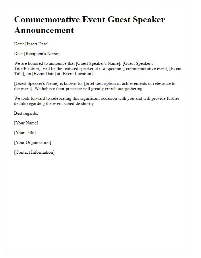 Letter template of commemorative event guest speaker announcement