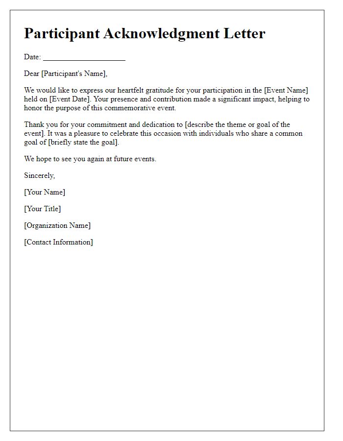 Letter template of commemorative event participant acknowledgment