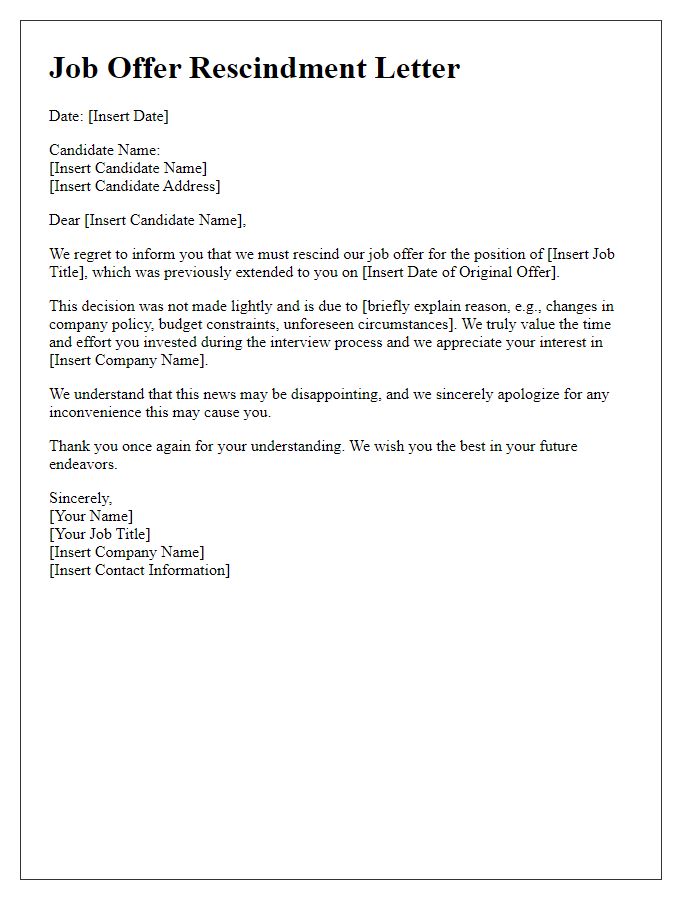 Letter template of job offer rescindment for candidate acceptance.