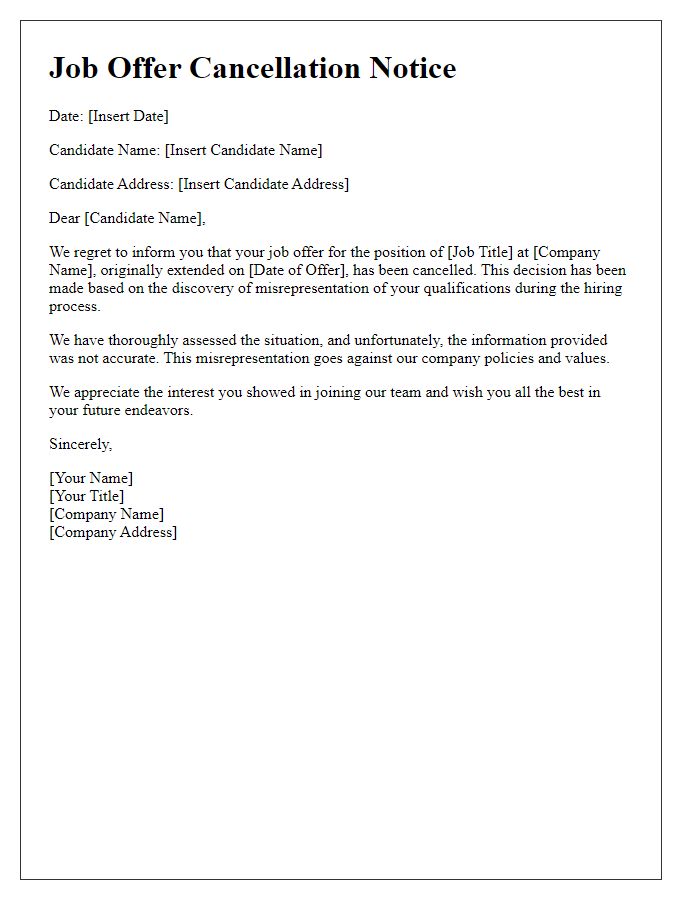 Letter template of notice of job offer cancellation for candidate's misrepresentation.