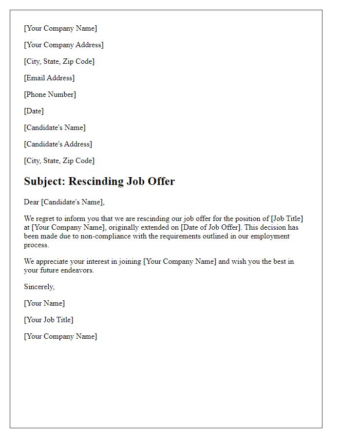 Letter template of rescinding job offer for non-compliance with requirements.