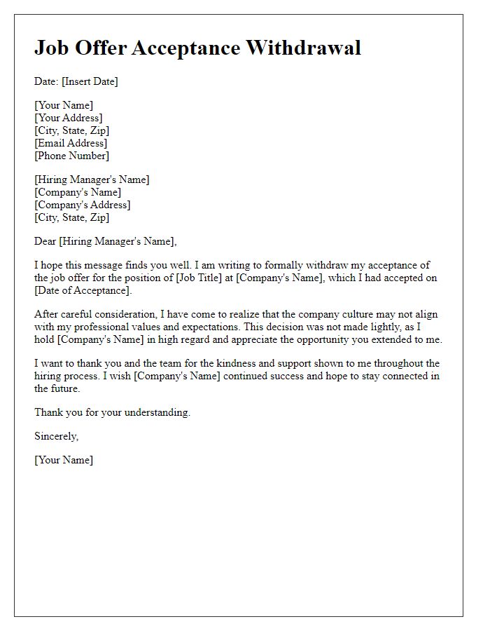 Letter template of job offer acceptance withdrawal because of company culture misalignment.