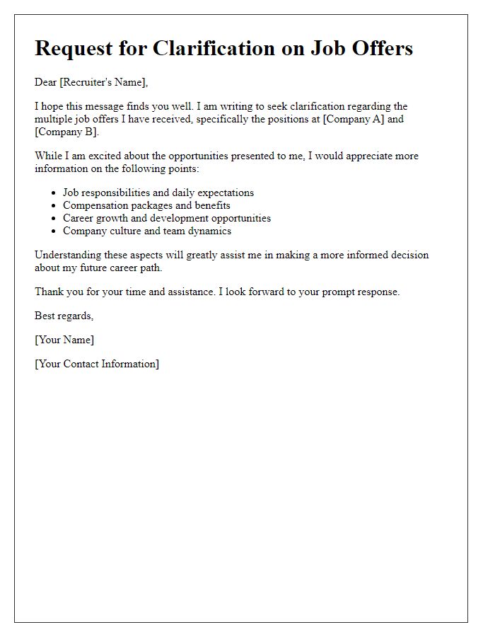 Letter template of seeking clarification on multiple job offers