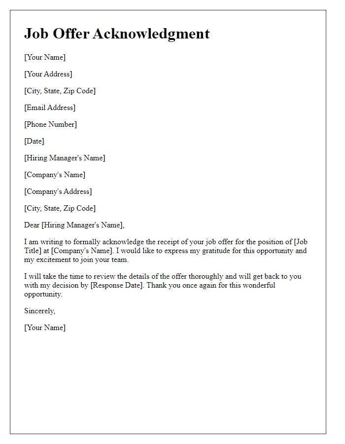 Letter template of acknowledgment for the job offer