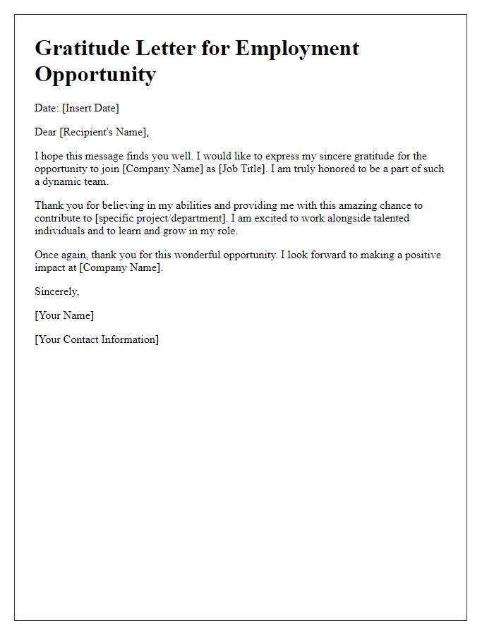 Letter template of gratitude for the employment opportunity