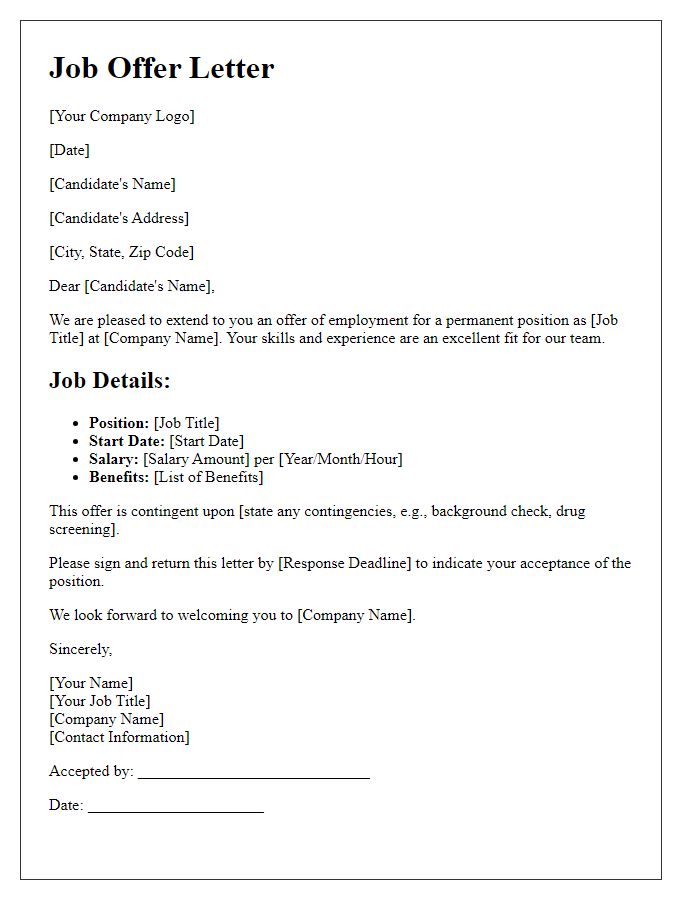 Letter template of direct hire permanent job offer