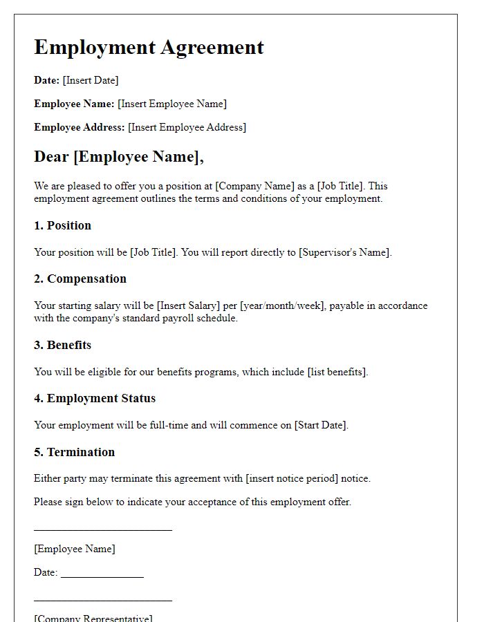 Letter template of employment agreement for a permanent job