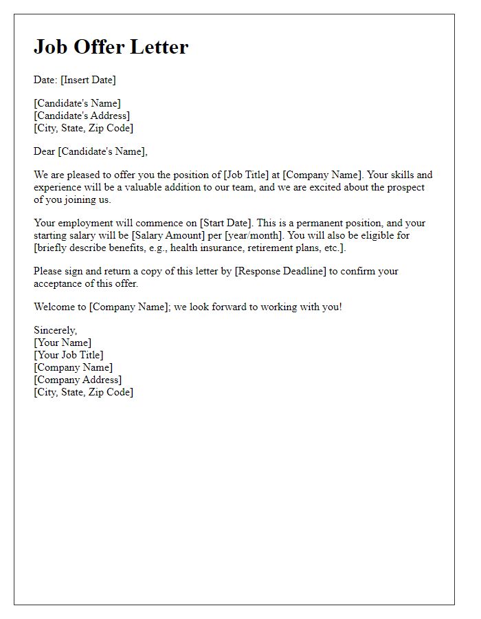 Letter template of formal permanent job offer