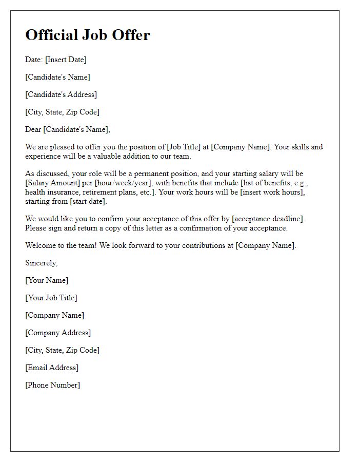 Letter template of official job offer for a permanent role