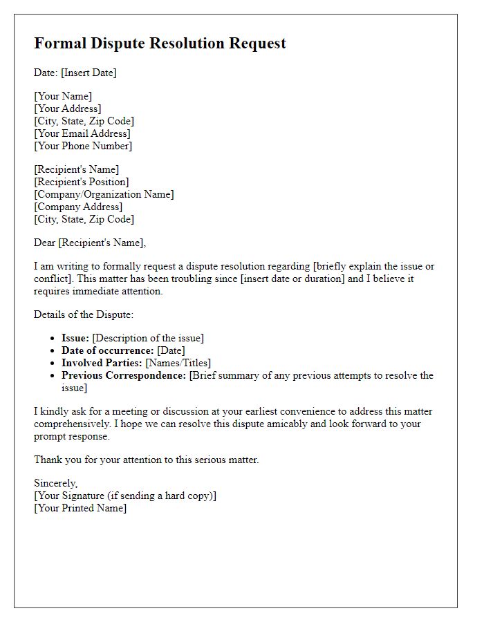 Letter template of formal dispute resolution request