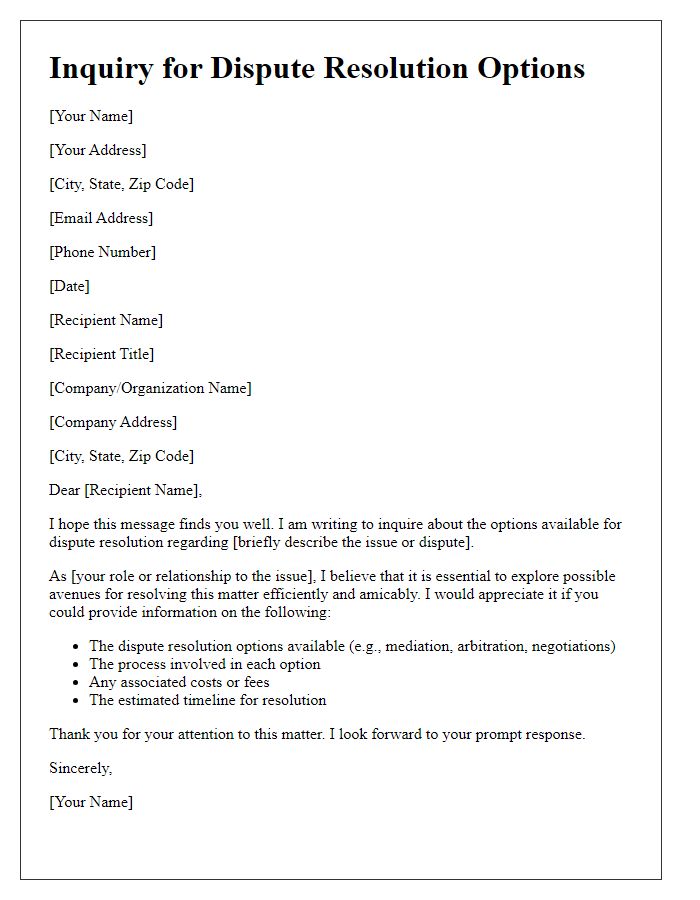 Letter template of inquiry for dispute resolution options