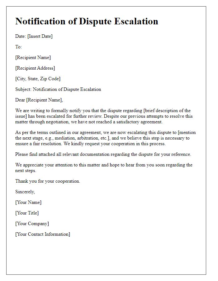 Letter template of notification for dispute escalation