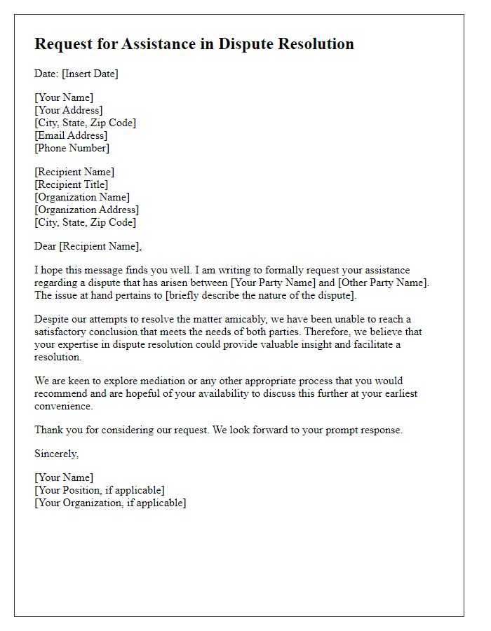 Letter template of request for assistance in dispute resolution