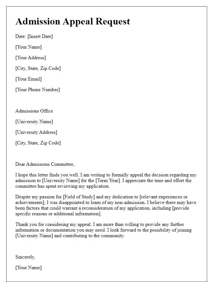 Letter template of university admission appeal request