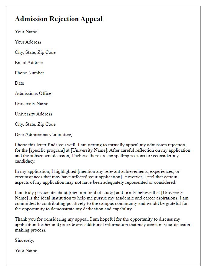 Letter template of university admission rejection appeal