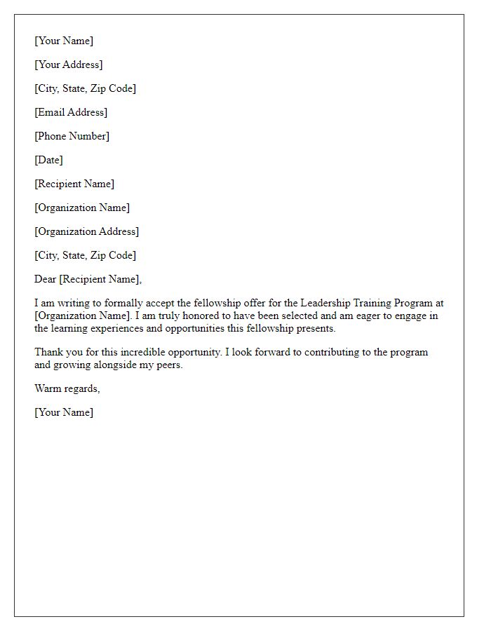 Letter template of fellowship offer acceptance for leadership training program.