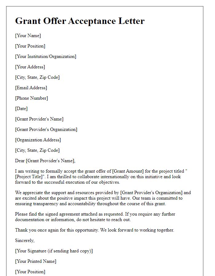 Letter template of grant offer acceptance for international collaborations.