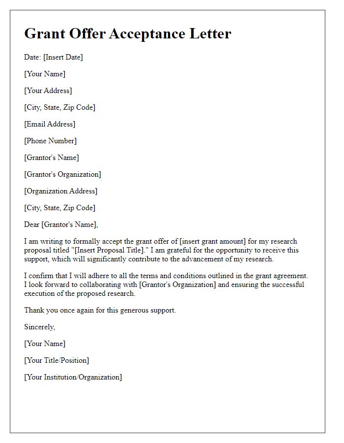 Letter template of grant offer acceptance for research proposals.