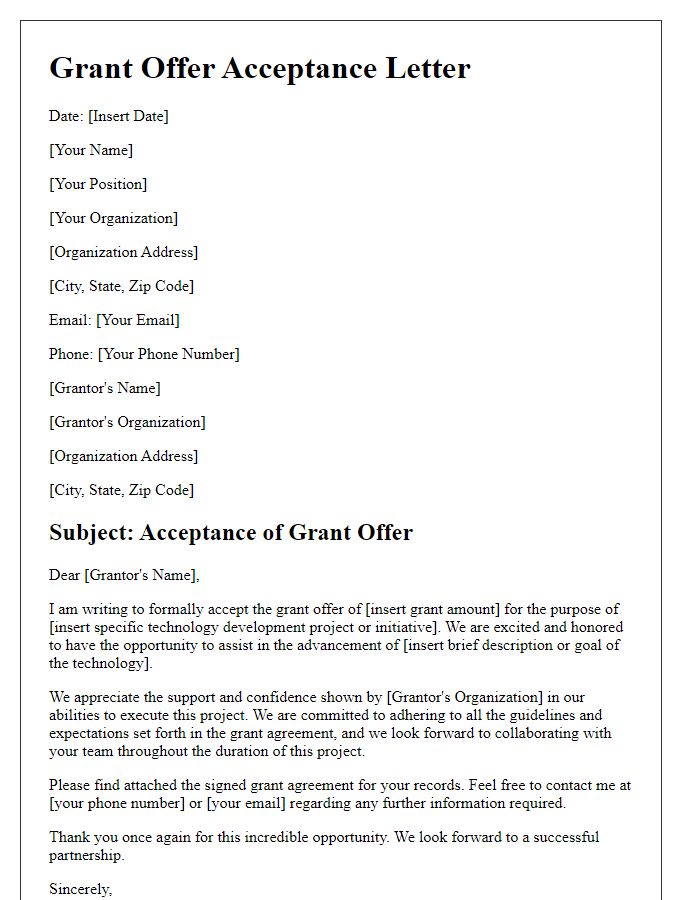 Letter template of grant offer acceptance for technology development grants.