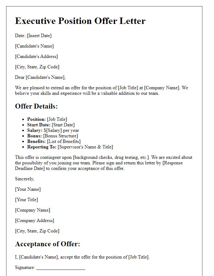 Letter template of executive position offer details