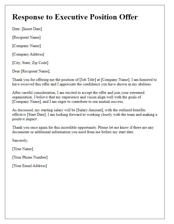 Letter template of executive position offer response