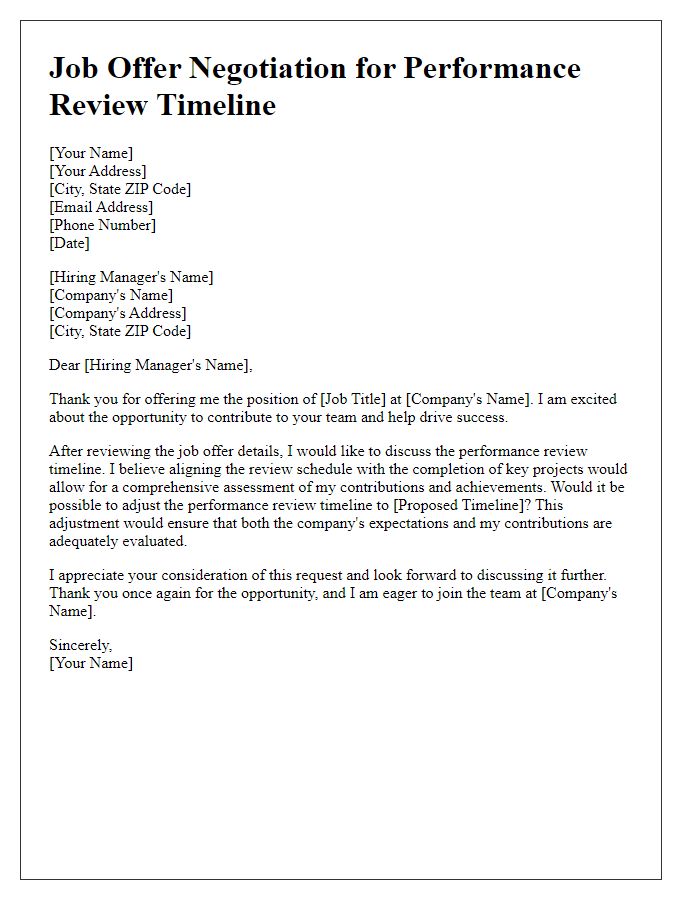 Letter template of job offer negotiation for performance review timeline adjustment.