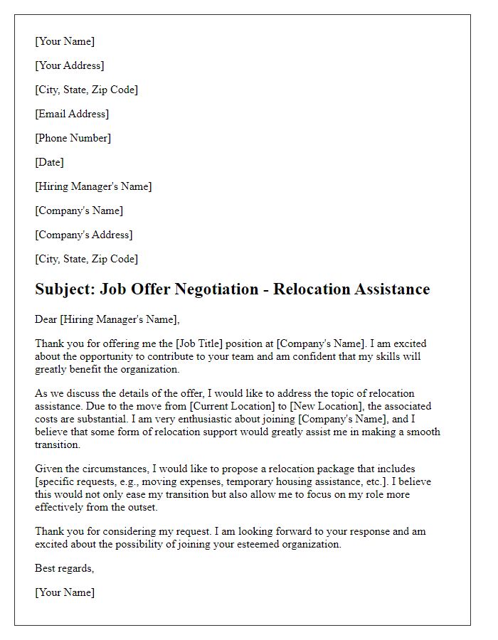 Letter template of job offer negotiation for relocation assistance.