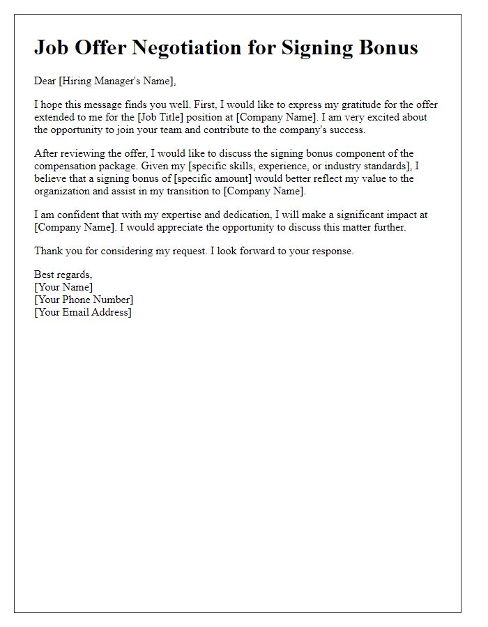 Letter template of job offer negotiation for signing bonus request.