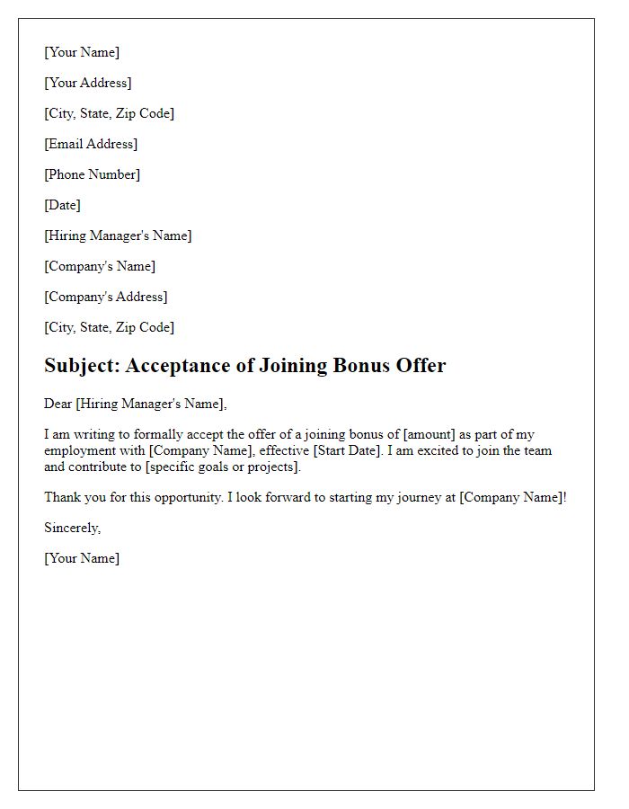 Letter template of acceptance for joining bonus offer