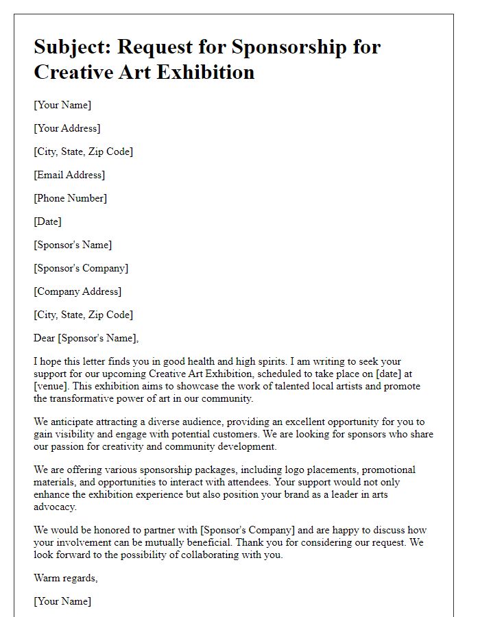 Letter template of appeal for sponsorship of creative art exhibition