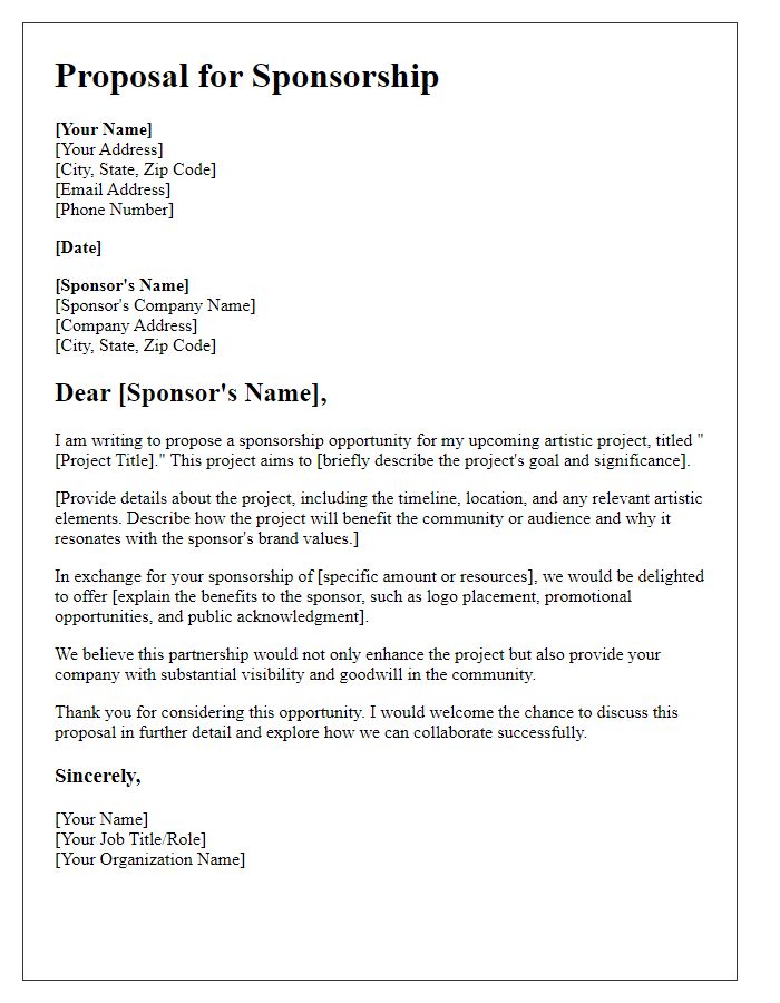 Letter template of proposal for artistic project sponsorship