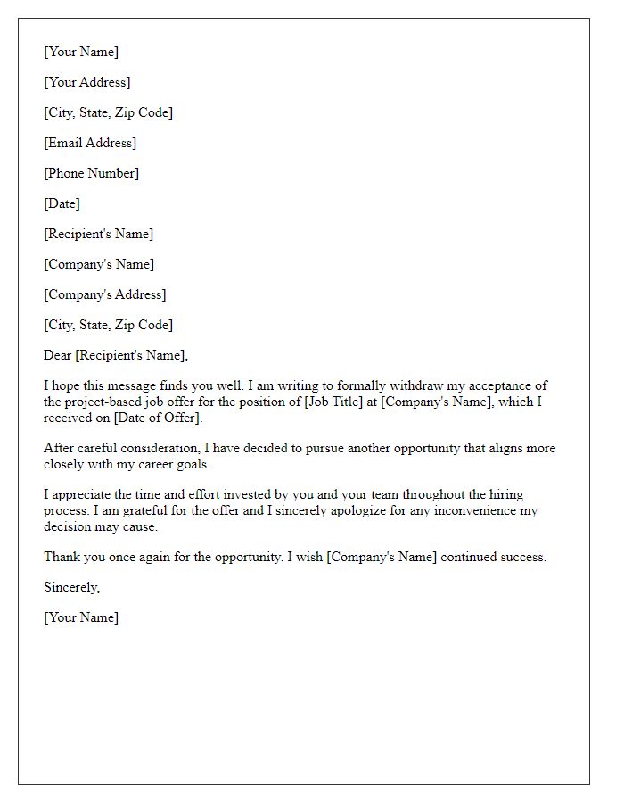 Letter template of project-based job offer withdrawal