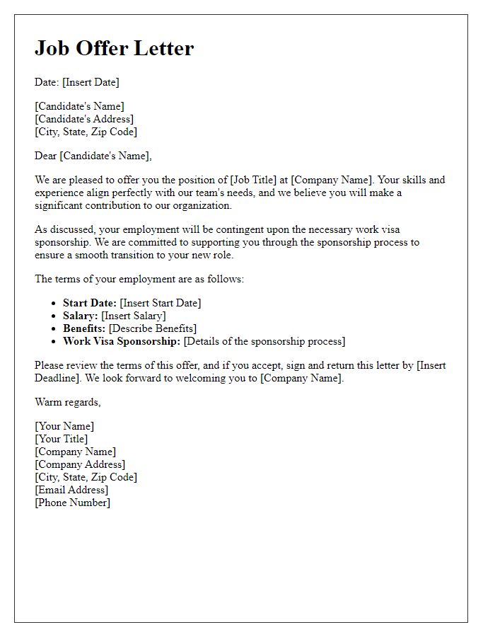 Letter template of job offer outlining sponsorship support