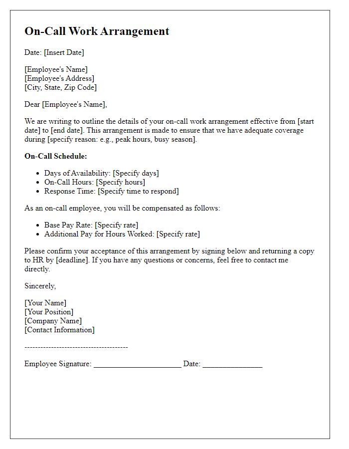 Letter template of on-call work arrangement