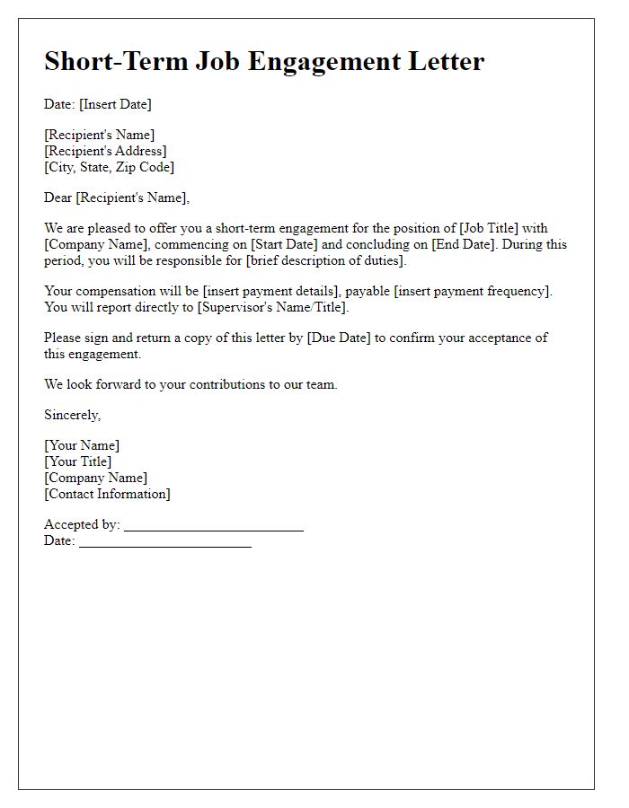 Letter template of short-term job engagement