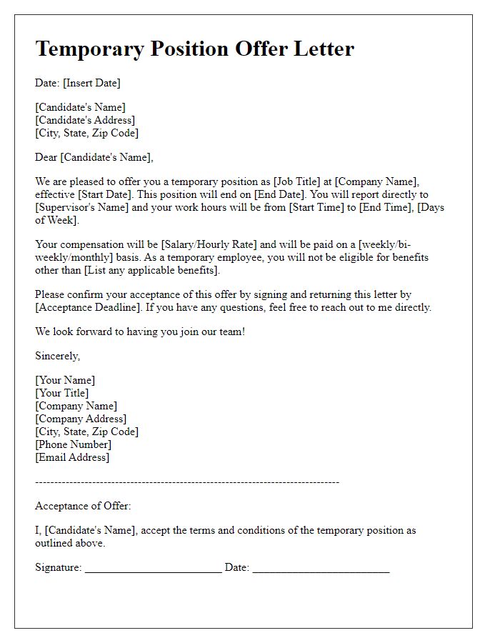 Letter template of temporary position offer