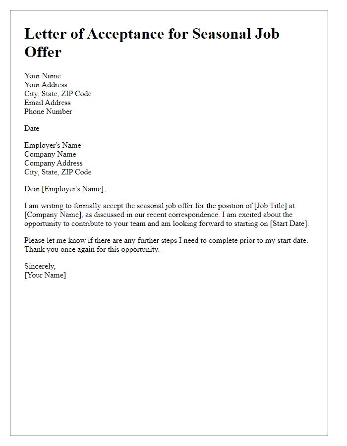 Letter template of seasonal job offer acceptance