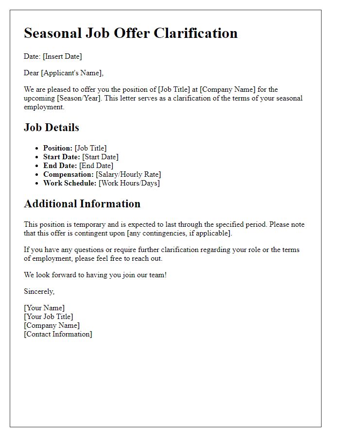 Letter template of seasonal job offer clarification