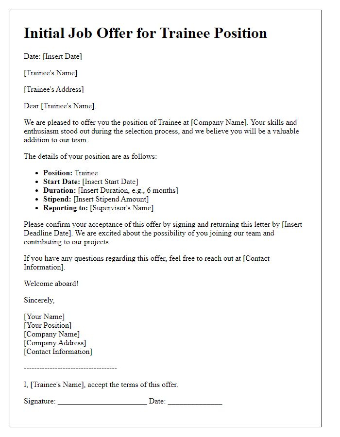 Letter template of initial job offer for trainees